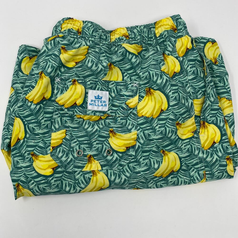 Peter Millar Mens 2XL Green Banana‎ Pattern Stretch Waist Swim Trunks